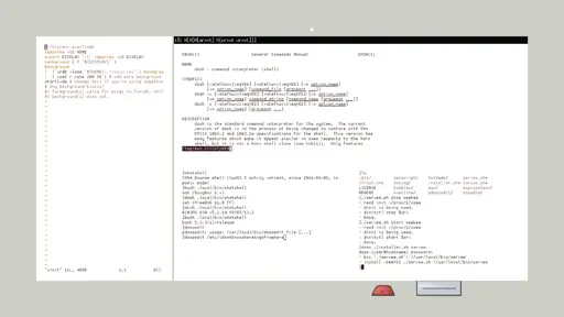 The i3 window manager with various rxvt-unicode terminals open. The main topic in the terminals are shell scripting.