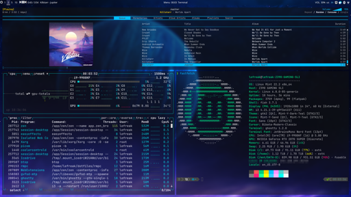Linux Mint Desktop, with I3 window manager and three terminals displaying the following: RMPC, fastfetch and on the third terminal btop.