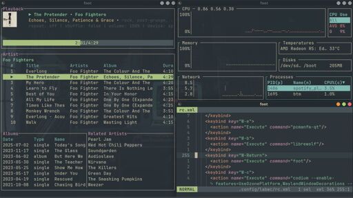 Screenshot of several terminal applications with an everforest colorscheme