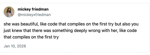 she was beautiful, like code the compiles on the first try but also you just knew that there was something deeply wrong with her, like code that compiles on the first try.