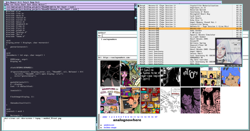 A 9front system with mothra, zuke and a purple acme up showing