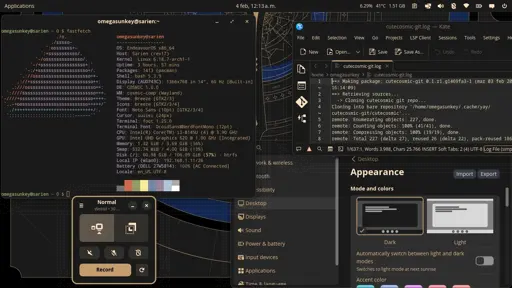 Screenshot featuring the COSMIC Desktop Environment, showing a 3-color theme, with dark gray, low saturated gold, and a bare hint of toned down blue. In the screenshot there are 4 programs with 4 windows opened: foot, terminal emulator showing fastfetch script; Kate, advanced text editor with some example log file; Kooha, screen recorder with simple controls; COSMIC Settings, in the Appearance section.