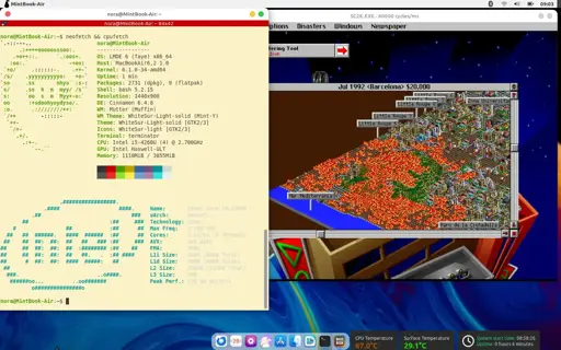 A screenshot of a linux desktop, resembling MacOS but with changes. On the left is a terminal with a neofetch and cpufetch output displayed, on the right is Sim City 2000 playing in dosbox in the background.